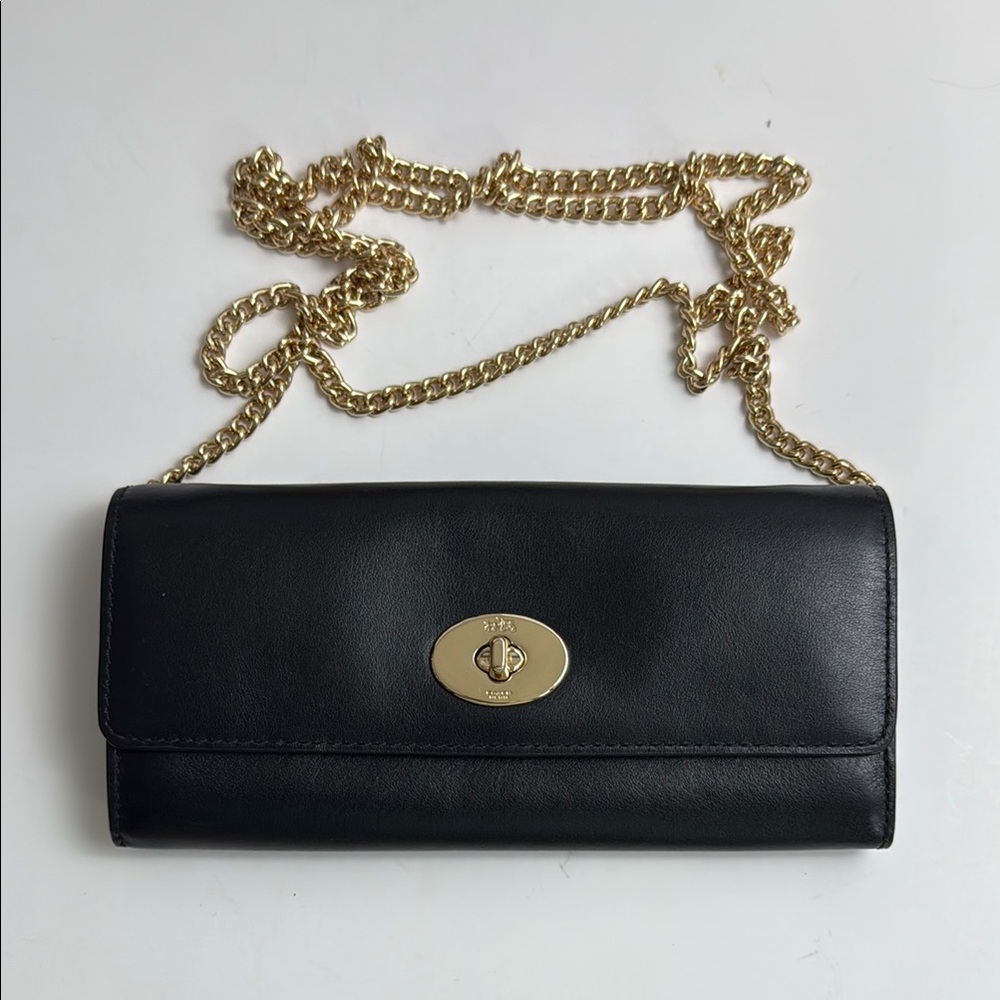 Vintage Coach Black and Gold Leather Wallet with Chain Strap